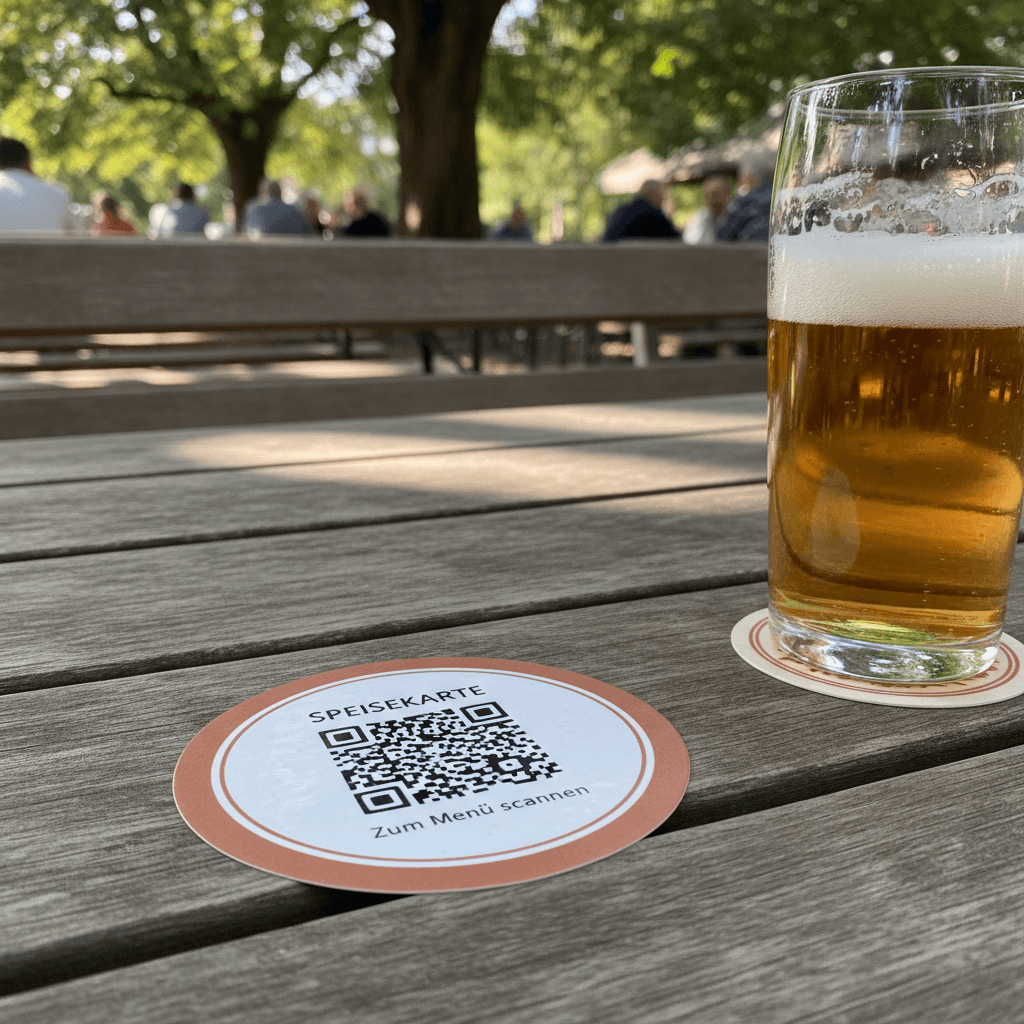 Witterungsfester Aufkleber mit QR-Code auf einem Biergartentisch aus Holz neben einem Bierglas