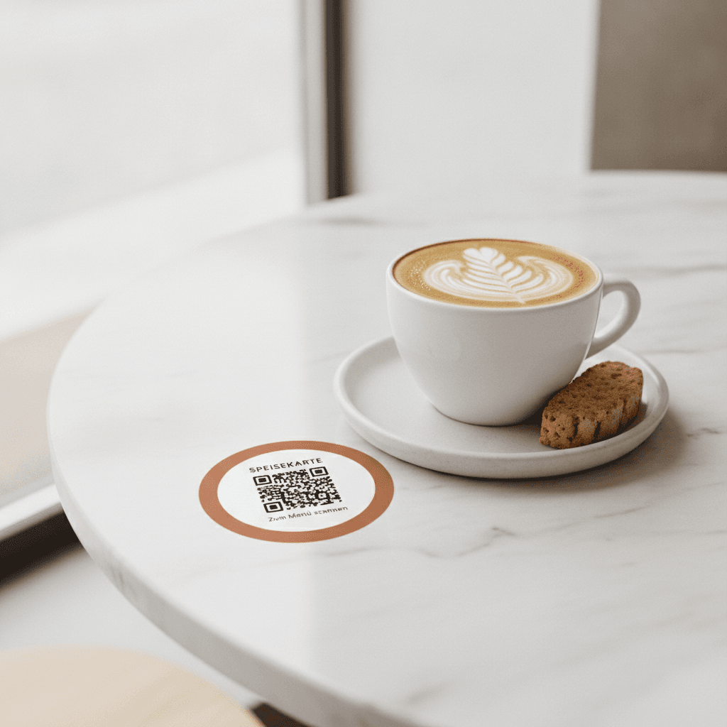 Runder Aufkleber mit QR-Code auf einem weißen Marmortisch im Café neben einem Cappuccino