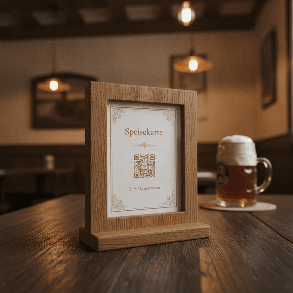Tischaufsteller aus massiver Eiche mit Glasscheibe und QR-Code auf einem dunklen Holztisch in einer urigen Wirtschaft