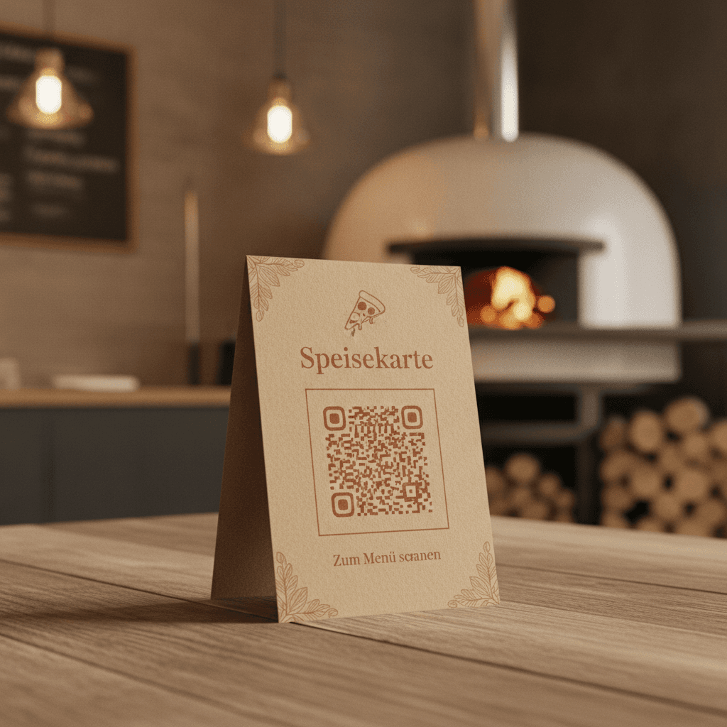 Bedruckter Pappaufsteller mit QR-Code auf einem Holztisch in einer modernen Pizzeria mit Pizzaofen im Hintergrund